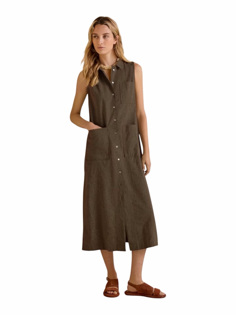 Poetry sleeveless button down shirt midi dress linen cotton kapok blend size 8